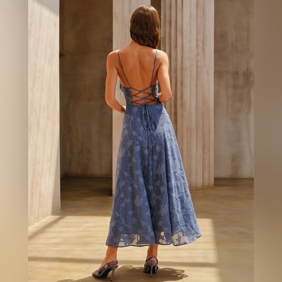 Blue Jacquard Ruched Slip Maxi Dress - Picture 5 of 6